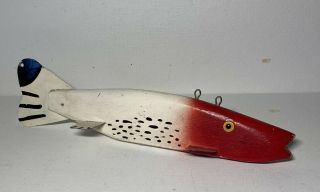 Large Vintage Ice Red And White Minnow Fishing Lure Or Decoy 12 Inches
