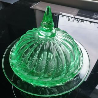 Bagley 1930s Art Deco Uranium Green Pressed Glass Lidded Sweet Bon Bon Dish Rare