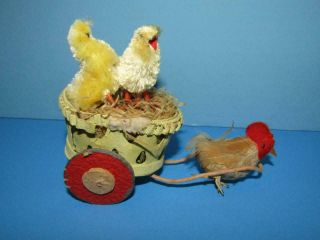 Antique Toy Easter Wagon With 2 Chicks In Basket And Pulled By Rooster