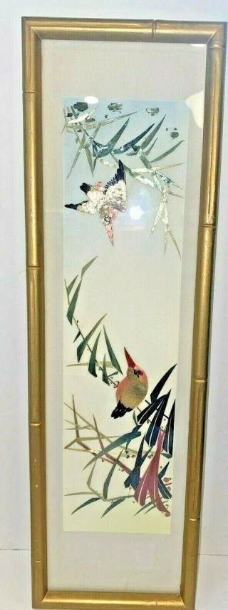 Vintage 3d Asian Bird Chinoiserie Art Collage Faux Bamboo Wood Frame Textured