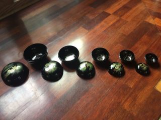 Vintage Chinese Hand Painted Black Laquer Ware 5 Round Nesting Lidded Boxes Set