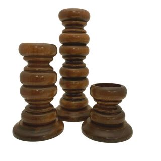 Vintage Wood Wooden Round Ribbed Pillar Candle Holder Set Three Heights