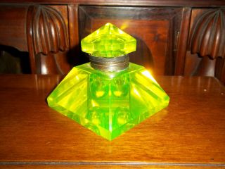 A Very Rare Antique Vaseline Glass / Uranium Glass Inkwell,  Pyramid Shape C1880