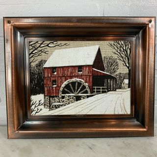 Vintage Copper Framed Folk Art Painted Burlap Winter Barn Farm Scene Primitive