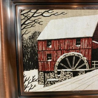 Vintage Copper Framed Folk Art Painted Burlap Winter Barn Farm Scene Primitive 2