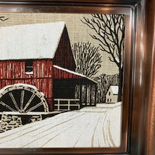 Vintage Copper Framed Folk Art Painted Burlap Winter Barn Farm Scene Primitive 3