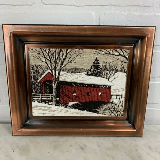 Vintage Copper Framed Folk Art Painted Burlap Winter Bridge Scene Primitive