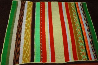 Vintage 1970s Handmade Crochet Afghan Blanket Boho Striped Green Brown Red 64x80