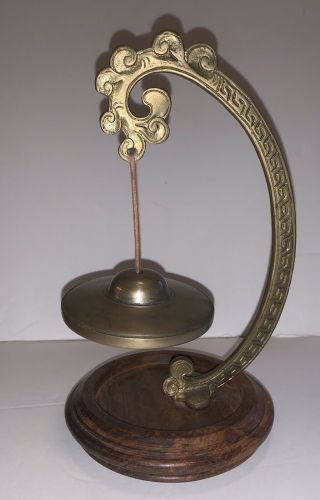 Vintage Chinese Buddist Hanging Cymbal Chime Bell On Wooden Pedestal