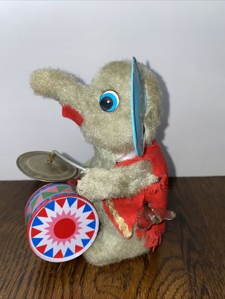 Vintage Wind Up Tin Toy Elephant With Drum And Cymbals Rare 6” Made In Japan