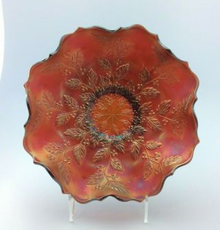 Fenton Holly Leaves And Berries Carnival Glass Bowl Red And Rare 9 Inch