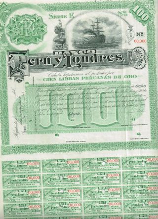 Banco Peru Y Londres,  Lima 1925,  Specimen,  Rare And,  Vf,