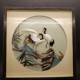 Chinese Vtg Sand Hill Crane Shadow Box Framed Feather Sculpture Art