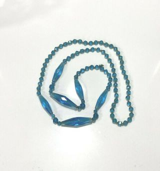 Antique Art Deco Blue Faceted Glass Bead Flapper Necklace 33”