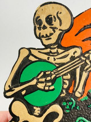 VTG 1930 ' s Beistle Halloween Embossed Diecut Skeletons Moon Saxophone Banjo RARE 5
