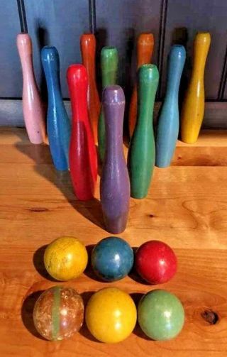 Antique Vintage Miniature Wood Bowling Pin Set (10 - 6 1/2 " Pins With 6 Balls)