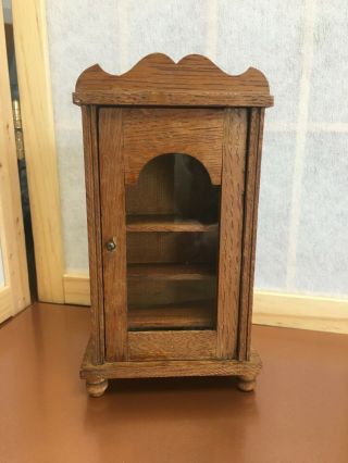 Antique Dollhouse Sized Wooden Display Cabinet With Glass Door