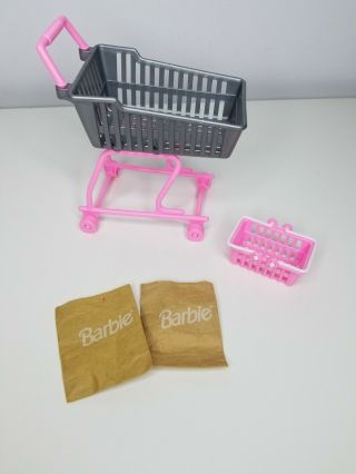 1990s Barbie Supermarket Shopping Cart & Paper Bags Pink Grocery Basket Vintage