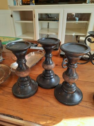 Antique Wooden Candlestick Holders Set Of 3