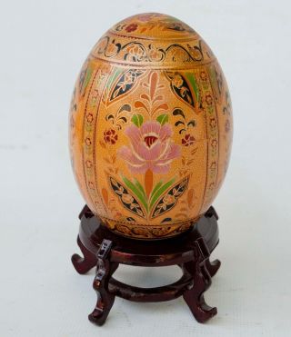 Vintage Chinese Large Hand Painted Floral Satsuma Porcelain Egg With Wood Stand