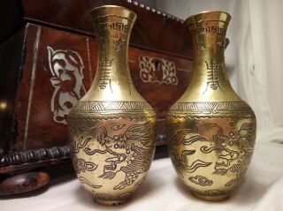 Pair 18/19c Antique Chinese Brass Bronze Censer Vases Engraved Dragons & Pearls