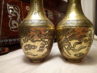 PAIR 18/19c ANTIQUE CHINESE Brass Bronze Censer Vases Engraved Dragons & Pearls 3