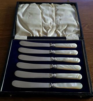 Antique Vintage Epns Mother Of Pearl Handles Butter Knives Case 3