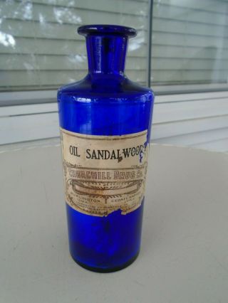 Antique Pharmacy Cobalt Blue Bottle Churchill Drug Co.  Sandal Wood Oil