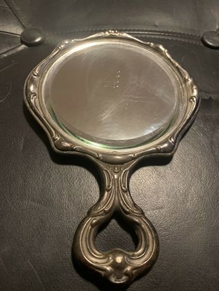 Antique 8.  5” German Silver Hand Mirror With Floral Design