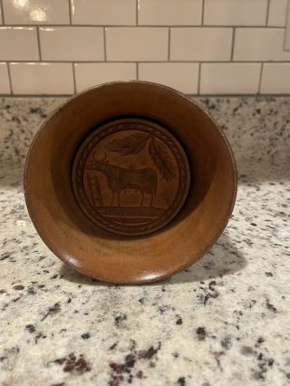 Rare Antique Large Wooden Cow Butter Mold Stamp Primitive