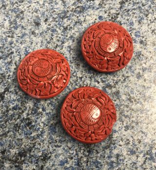 Antique Vintage Chinese Export Carved Red Cinnabar Lacquer Buttons