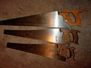 3 Vintage Antique Hand Saws 2 Disston,  1 E.  C.  Atkins 26 ",  24 ",  22 " Blades
