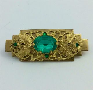 Vintage Antique Czech Ornate Applied Floral Brass Brooch With Blue Zircon Glass
