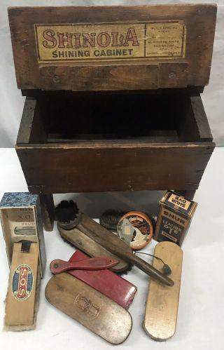 Vintage Antique Wooden Shinola Shining Cabinet Shoe Shine Box Brushes Polish Dye