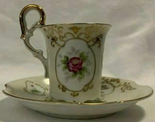 Ucagco China Made In Occupied Japan Demitasse Cup And Saucer Gold With Pink Tea