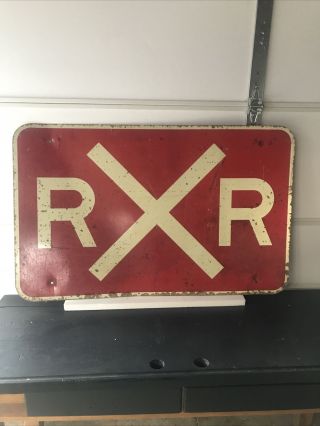 Vtg Very Rare Railroad Crossing Large Red Sign,  Metal,  30”x48”