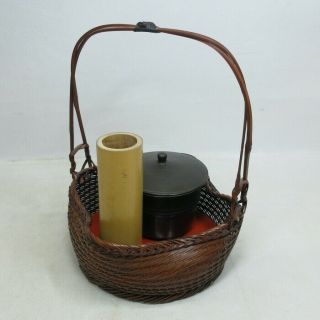 A102: Japanese Basket For Tobacco Of Old Weaving Bamboo With Copper Ashtray