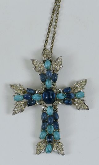 Fabulous Crown Trifari Rhinestone Cross Crucifix Religious Pendant Rare