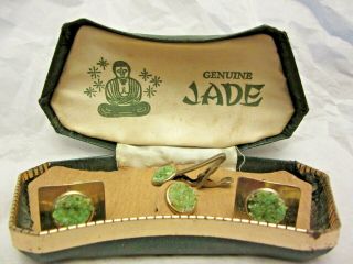 Vintage Jade Cufflinks Tieclip Lapel Pin Set Gold Tone W/ Box