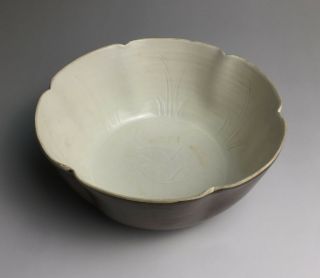 Rare Chinese Porcelain Ding Kiln White&purple Glaze Two Fish Design Earthen Bowl