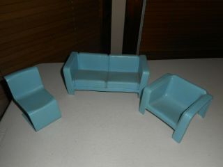 Vintage Mattel 1973 Barbie Townhouse Blue Couch,  Lounge Chair & Chair