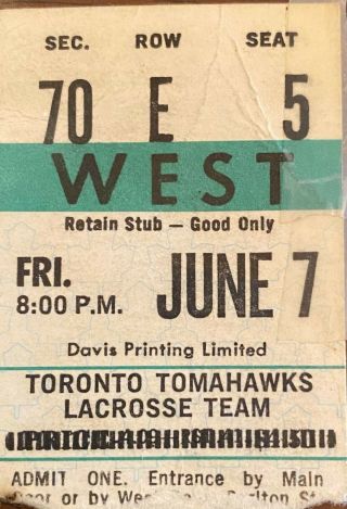 Very Rare Toronto Tomahawks Lacrosse Ticket Stub 1974 Maple Leaf Gardens 1 Seasn