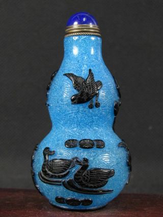 Fine Chinese Mandarin Duck Lotus Flowe Carved Peking Overlay Glass Snuff Bottle