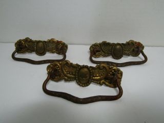 Set Of 3 Antique Ornate Victorian 4 " Brass Drawer Pulls W/bail Handle