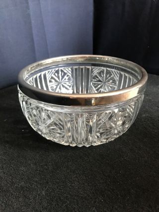 Vintage Lead Crystal Glass England 8 " Bowl Silver Plated Rim Serving B12