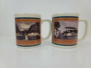 2 Currier And Ives Coffee Cup/mug Steamboats,  1991 Porcelain Rare Cups