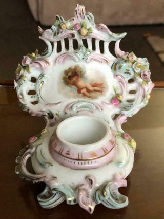 Fine Antique Dresden Volkstedt Porcelain Hand Painted Inkwell.  C1880.