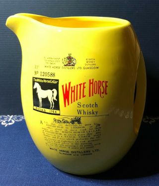 Vintage Barware Ceramic Pitcher White Horse Scotch Whisky Rare Rounded Jug 5.  5 "