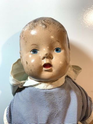 Antique? Vintage Composition 16 " Baby Doll Molded Hair Blue Eyes Red Lips Wood?