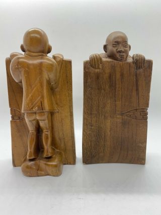Antique Vintage Hand Carved Wood Bookends Book Ends Asian Man Monk Buddha B13